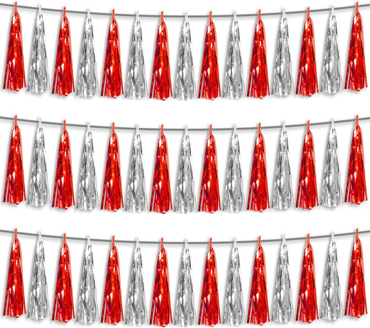 3P Red Silver Foil Fringe Metallic Tassel Streamers Banner Tassel Garland for Parade Floats, Bachelorette, Wedding, Birthday, Halloween, Christmas, Bridal/Baby Shower Party Decorations