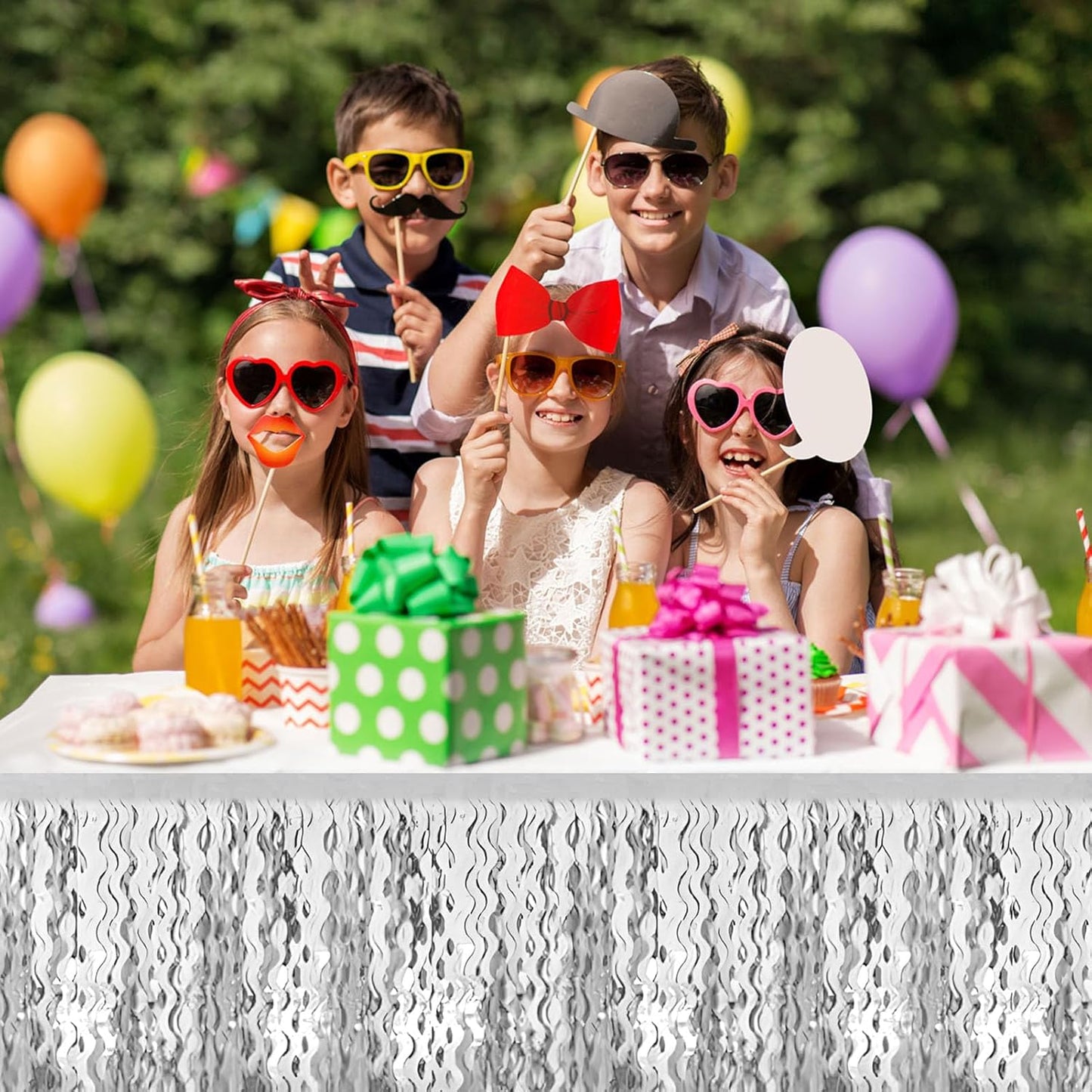 6 Pack 29 x108 Inch Silver Wave Foil Fringe Table Skirts Metallic Banner for Tinsel Streamer Garland Backdrop for Parade Floats, Mother's Day, Easter, Wedding, Birthday Party Decoration