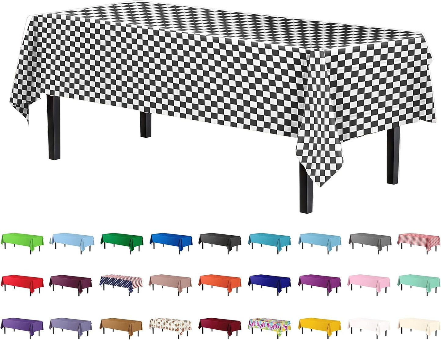 Party Solids Pack Of 12 - Premium Plastic Tablecloth 54 Inch x 108 Inch Rectangle Table Cover - Checkered