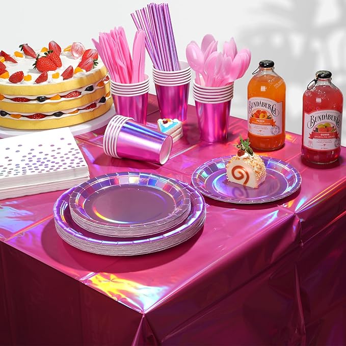 Iridescent Pink Party Supplies Decorations Serve 100, Hot Pink Holographic Paper Plates and Napkins, Disposable Pink Paper Plates Cups Knives Spoons Fork for Mermaid Disco Birthday Graduation Party