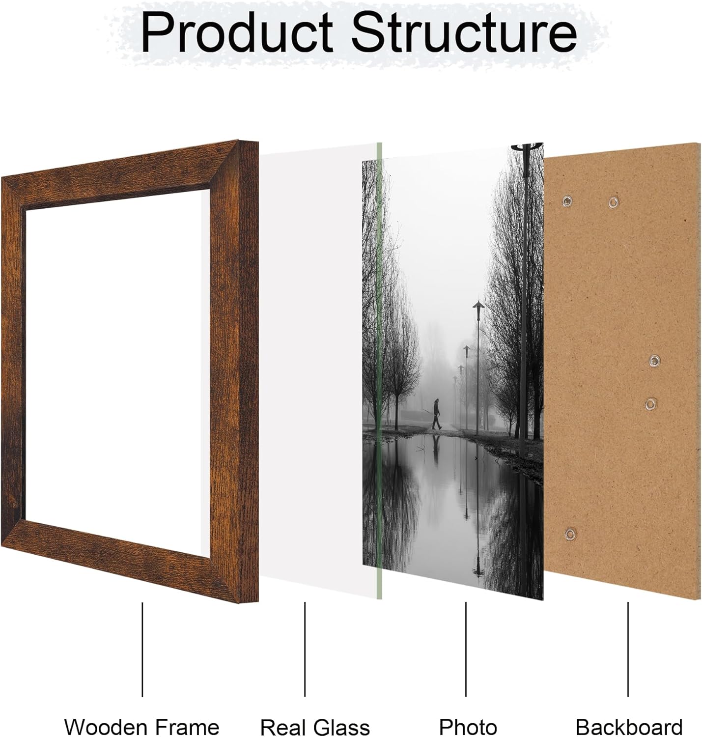 8.5x11 Picture Frame Set of 4, High Definition Real Glass Rustic Frame, Wood Photo Frames 8.5 by 11 Diploma Document for Wall Hanging and Tabletop Display