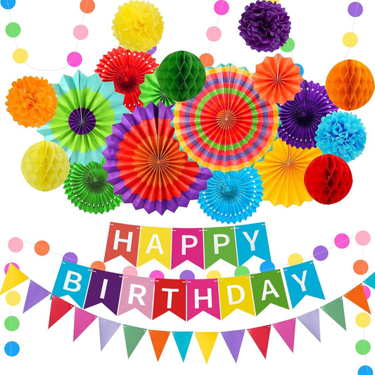 Colorful Birthday Decorations - Mexican Fiesta Party Decorations with Happy Birthday Banner, Paper Fans, Paper Pom Poms,Dots Garland, Pennant Banner, Honeycomb Balls Packs