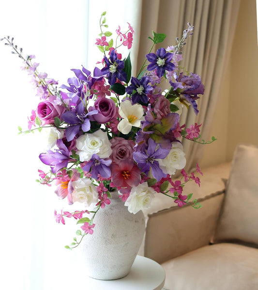 Artificial Flowers Bouquets for Bridal Wedding Home Decor Fake Floral Arrangements for Party Table Centerpieces DIY Silk Flower Set Spring Summer Indoor Outdoor (Combo Purple/White)