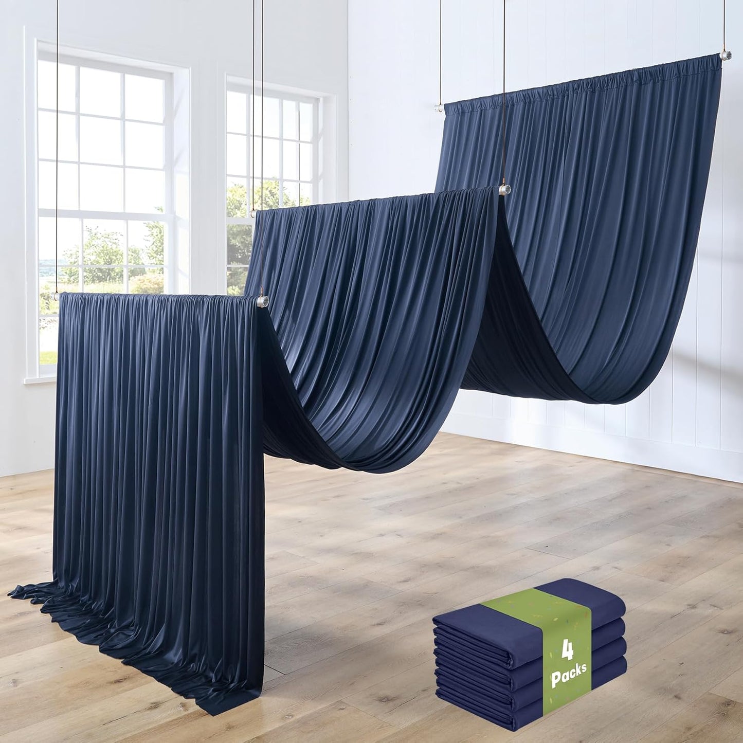 PartyVillage 4 Panels 5ftx30ft Navy Blue Ceiling Drapes for Wedding Parties – 30 FT Extra Long Thick Polyester Wrinkle-Free Drapery Tent Decor Decorations for Birthday Party Ceremony Stage Swag