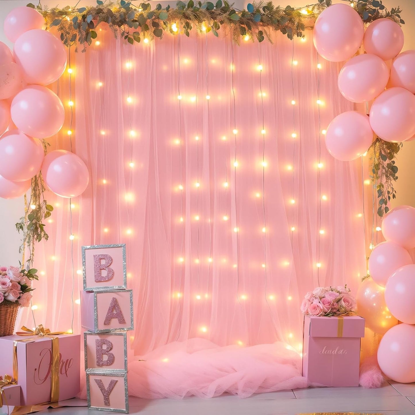 Sheer Backdrop Curtains with Lights String for Weddings Baby Showers, 20x8ft Sheer Tulle Photo Backdrop Curtains for Birthday Party Photography Background Decoration, Pink