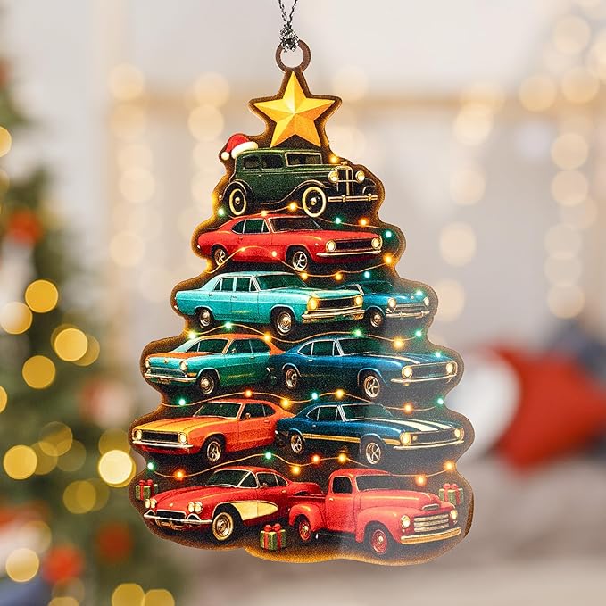Car Ornament – Classic Cars Christmas Decor – Vintage Auto Gift – Retro Muscle Cars Ornament – Holiday Card – Christmas Tree Decoration – Suncatcher Effect Stained Glass Window Hanging – Car Hanging