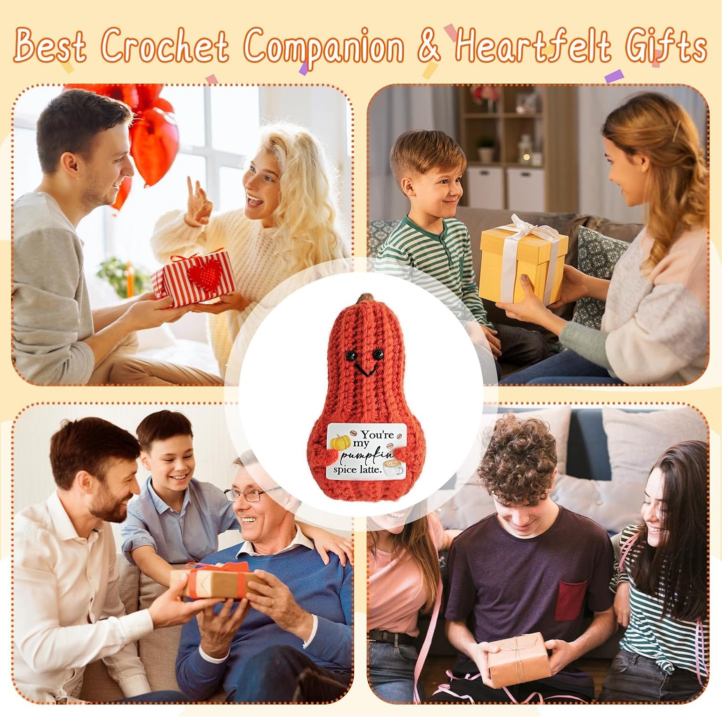 Little Reminders Emotional Support Crochet Pumpkin,Positive Crochet Pumpkin with Positive Affirmations Cards,Daughter's Gifts for Mother,Birthday and Catholic Christian Decor,Desk Decoration