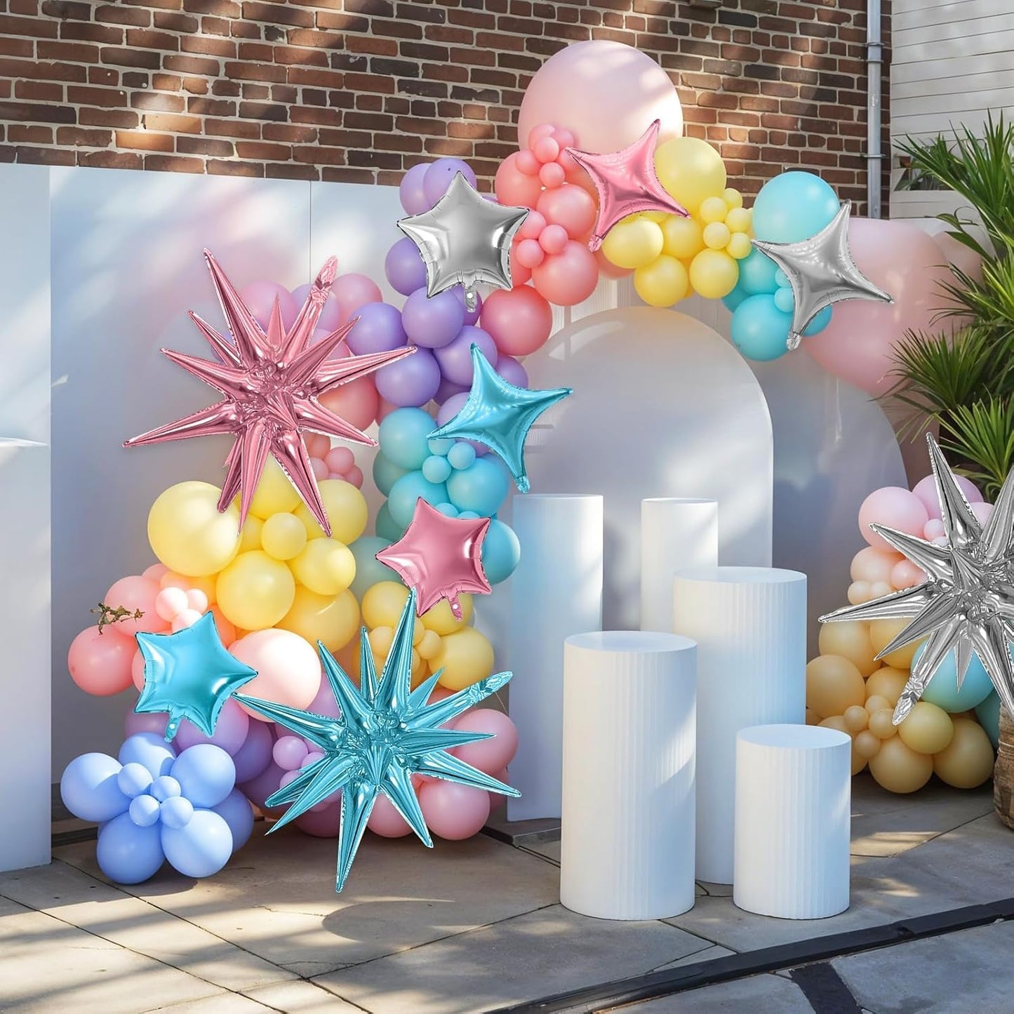 Pink Blue Silver Star Balloon,16Pcs Star Foil Balloons Set with 22Inch Explosion Spike Cone Balloons and 10Inch Quadrangle Helium Balloon for Birthday Wedding Baby Shower Party Decorations