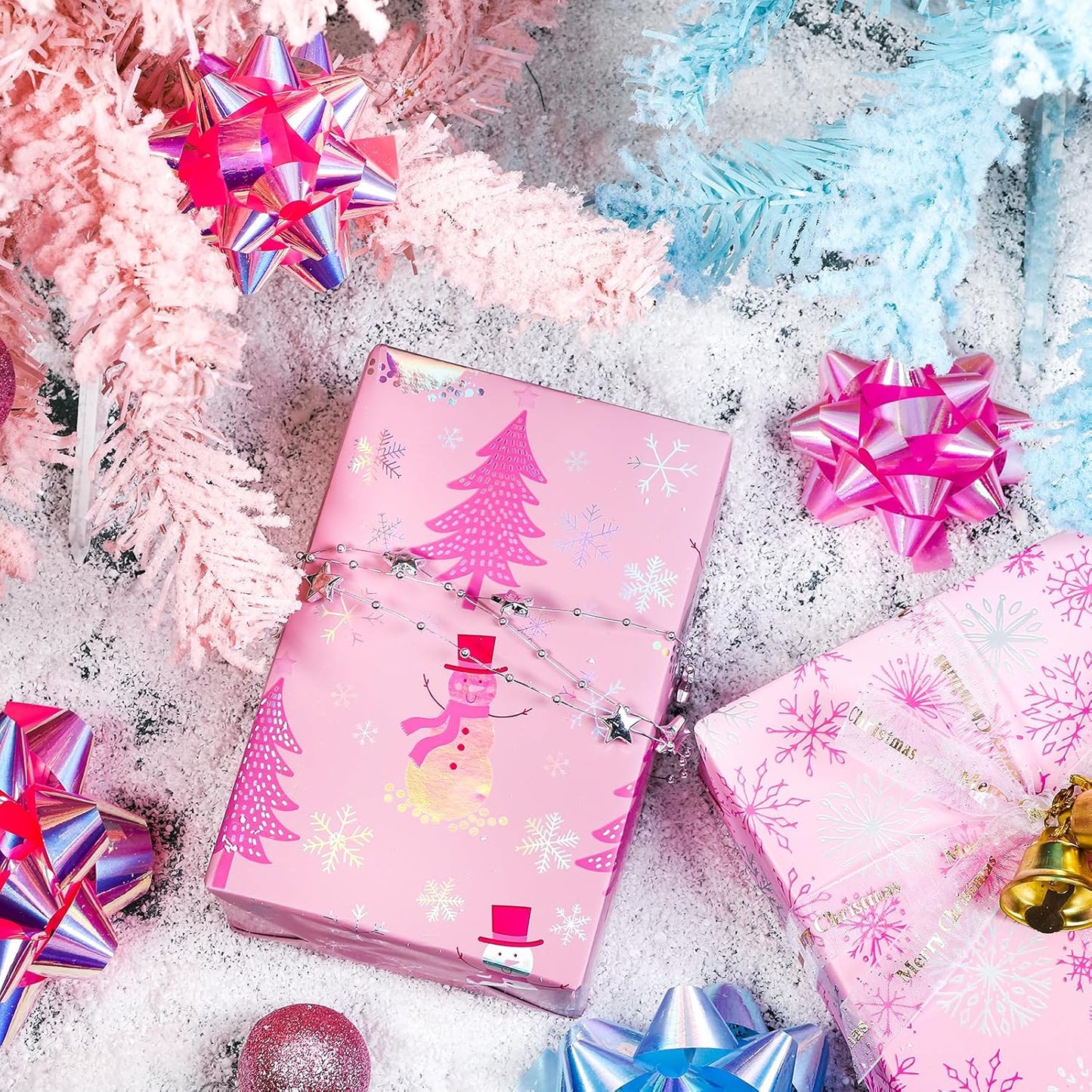 LeZakaa Christmas Pink Wrapping Paper Jumbo Roll, Snowman Christmas Tree & Snowflake Metallic Foil, Rose Gold Foil Reversible Design for Festive Winter Holiday, Family Gathering, 30 inches x 100 Feet