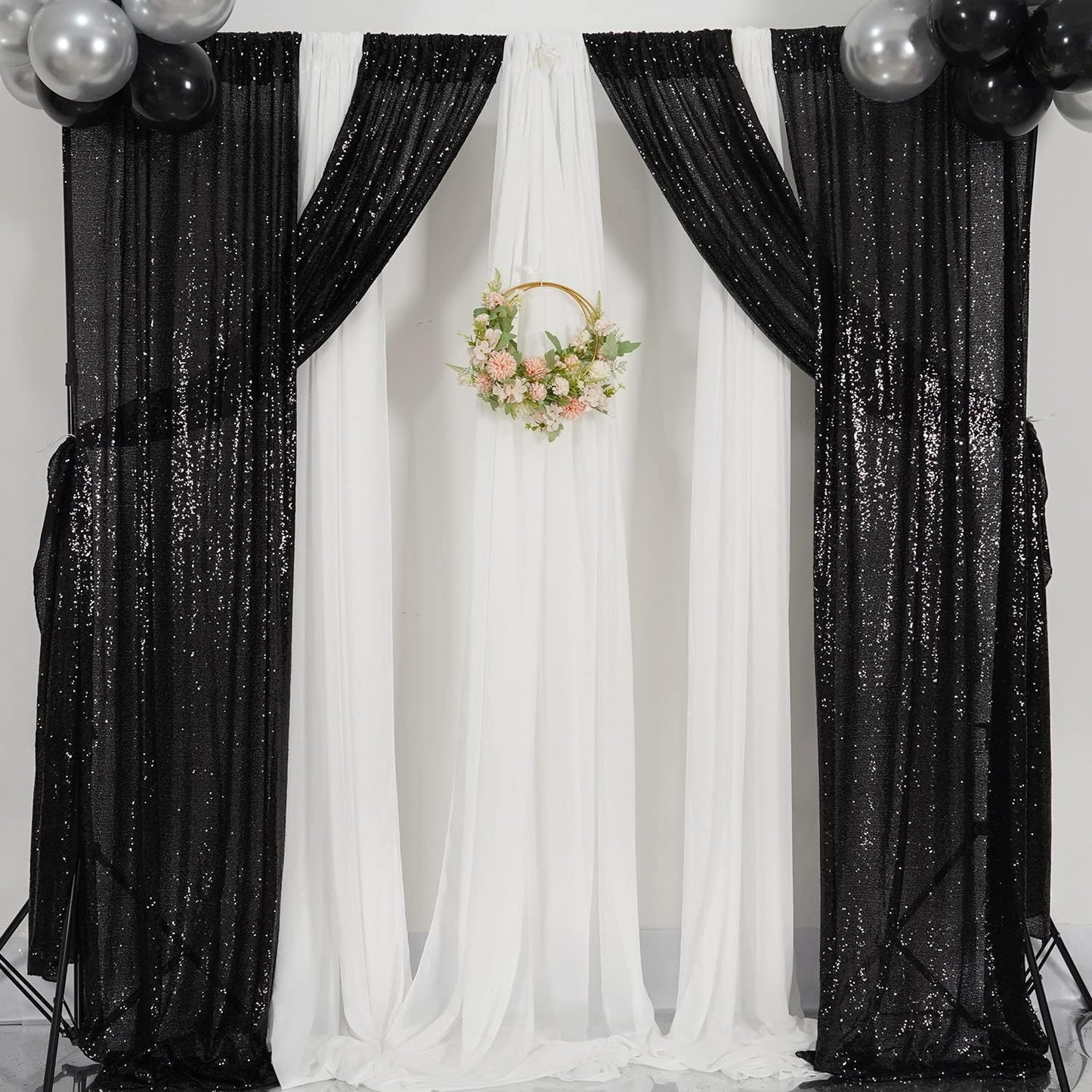 Poise3EHome 2ft x 8ft Black Sequin Photography Backdrop Curtains 2 Panels for Party Decoration, Black