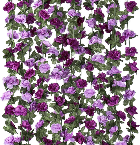 KHOYIME 9 Pack 72 FT Artificial Flower Garland, Fake Purple Roses Vines Silk Flowers Faux Plastic Outdoor Hanging Floral Ivy Garland Decoration for Wedding Arch Bedroom Home Wall Backdrop Room Decor