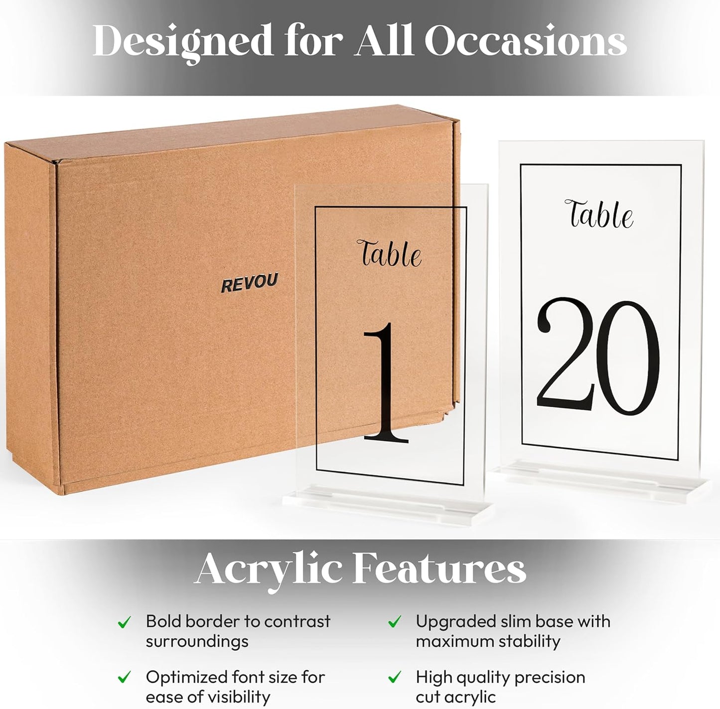 Acrylic Table Numbers 1-20 with Stand, Printed Black Font on 4x6 inch Acrylic, Clear Table Number Signs and Holders, Centerpiece for Events, Weddings, Reception, Party, Anniversary, and Decoration