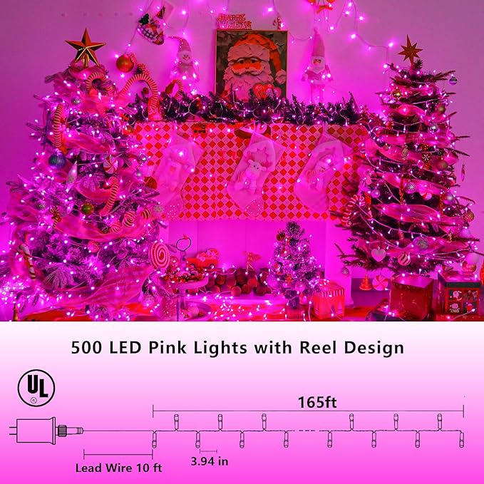 YEGUO Pink Christmas Lights Outdoor Waterproof, 165ft 500 LED String Lights Indoor, 8 Modes Clear Wire Fairy Light Plug in for Party Tree Valentines Wedding