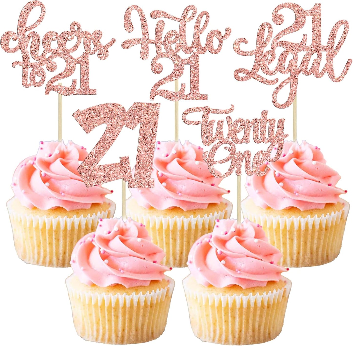 30pcs 21st Birthday Cupcake Toppers - Legal 21st Cupcake Picks - Cheers to 21 Years Old Cake Decorations - Rose Gold Glitter