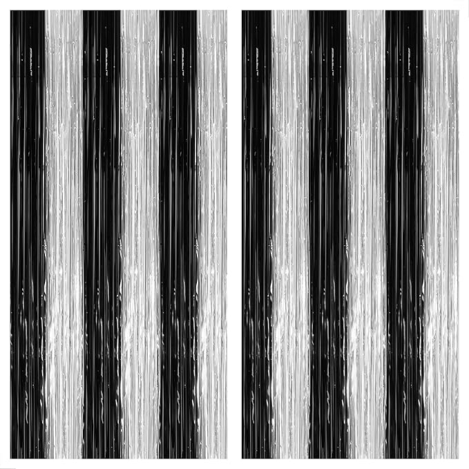 KatchOn, XtraLarge Black and Silver Fringe Curtain - 3.2x8 Feet, Pack of 2 | NYE Backdrop | Silver and Black Decorations | Black and White Streamers for New Years Decorations 2026 | New Years Curtain