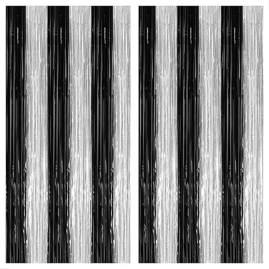 KatchOn, XtraLarge Black and Silver Fringe Curtain - 3.2x8 Feet, Pack of 2 | NYE Backdrop | Silver and Black Decorations | Black and White Streamers for New Years Decorations 2026 | New Years Curtain