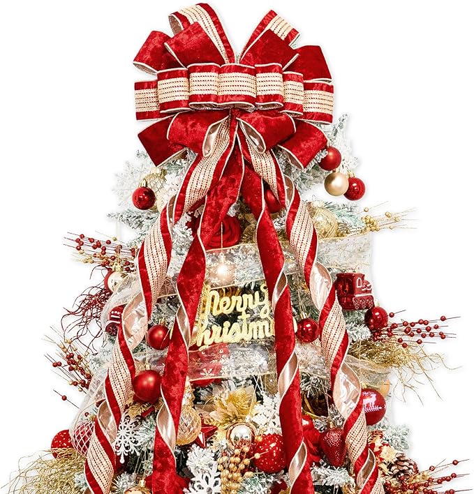 Christmas Tree Topper Bow，53 x 13 Inches Velvet Large Christmas Bow Decor with Long Glittering Streamer Line，Xmas Decorations for Tree Wreath Door Festival Home(Red & Gold Line)