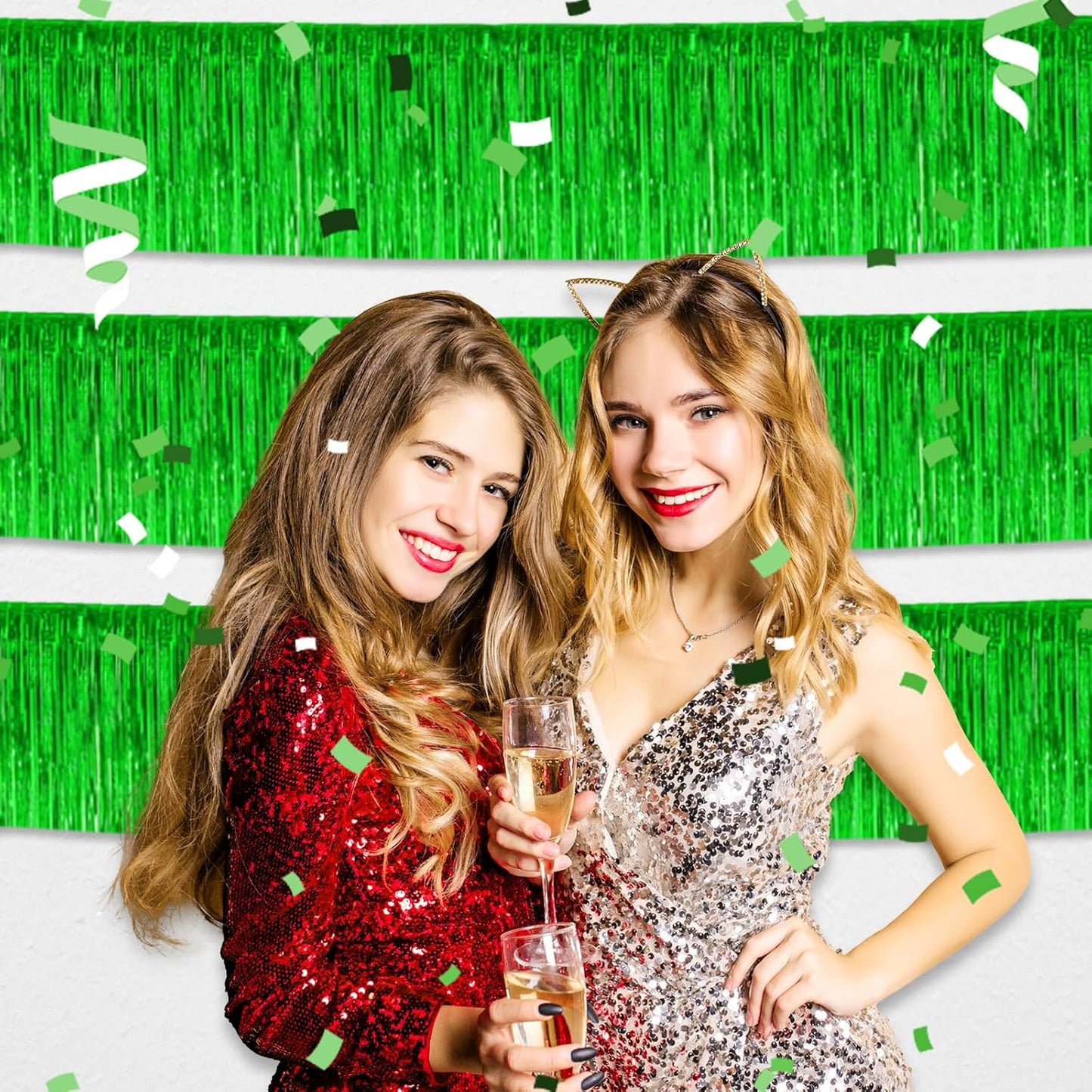 4 Pack 10 Feet Green Foil Fringe Garland Metallic Tinsel Streamers Banner Wall Hanging Curtain Backdrop for Parade Floats, Wedding, Graduate, Mother's Day, Birthday Party Decoration