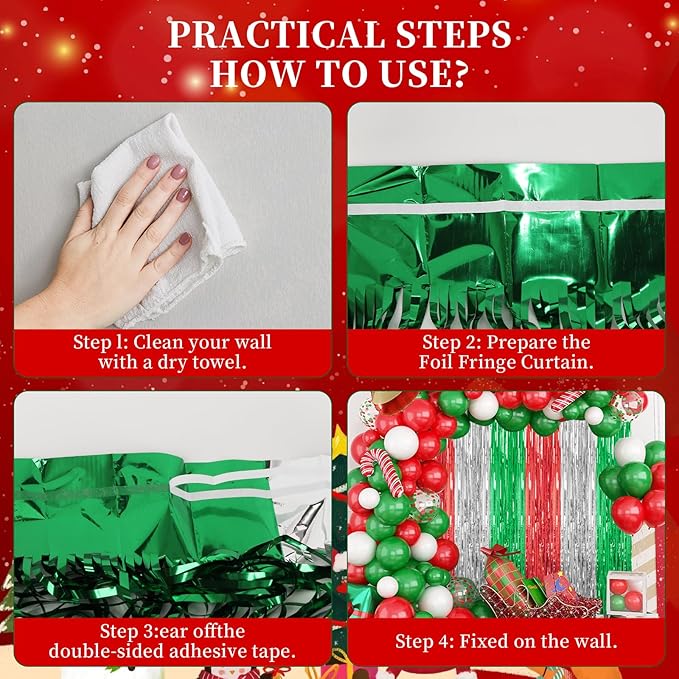 3 Pack Foil Fringe Backdrop - Shiny Tinsel Curtains for Party Decoration/Photo Booth Props - 3.3x8.2FT Metallic Foil Backdrop for Birthday, Wedding, Graduation, Christmas-Red&Silver&Green