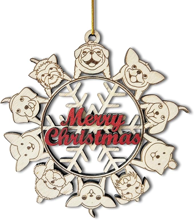 Dogs Snowflake Merry Christmas Wooden Ornament – Dog Lover Christmas Tree Decoration - Dog-Themed Holiday Ornament for Tree Hanging Ornament