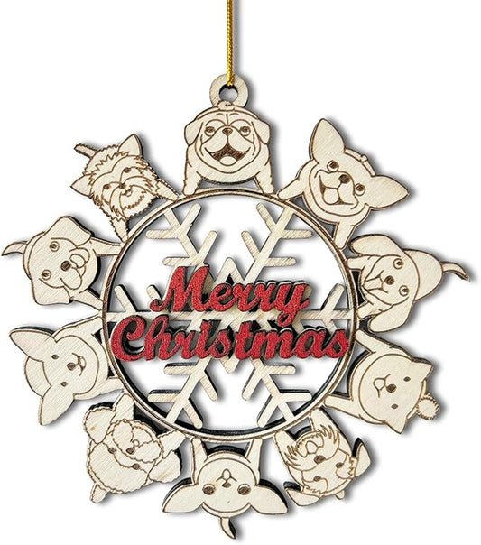 Dogs Snowflake Merry Christmas Wooden Ornament – Dog Lover Christmas Tree Decoration - Dog-Themed Holiday Ornament for Tree Hanging Ornament