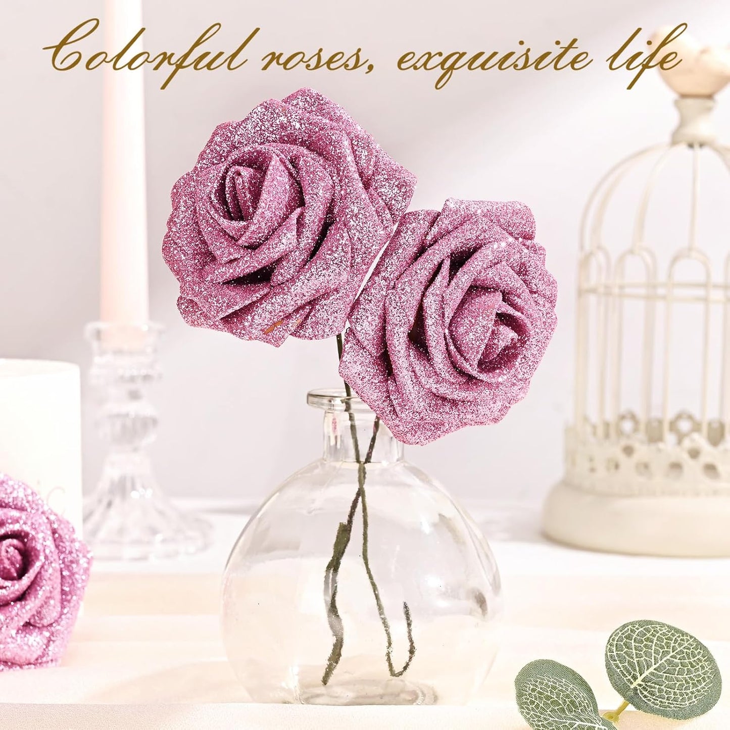 BLEUM CADE 36Pcs Artificial Flowers Fake Roses with Stems, Pink Glitter Boxed Foam Roses for DIY Bouquets Centerpieces Wedding Party Arrangement Bridal Shower Decor