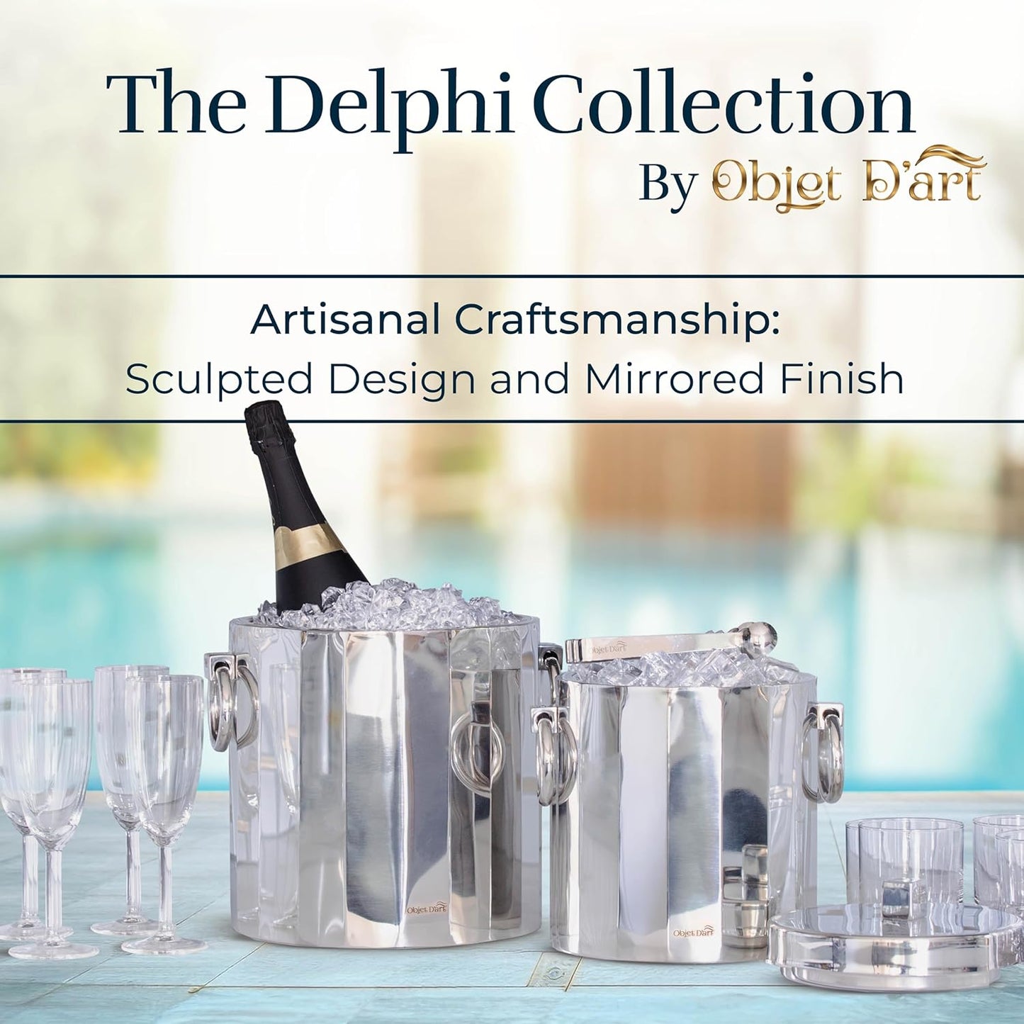 Insulated Ice Bucket for Parties by Objet D’Art, Large Ice Bucket with Scoop Tongs, 2 Stainless Steel Metal Buckets for Party, Double Walled, 2 Liters, Delphi, 7.5 x 9 x 10