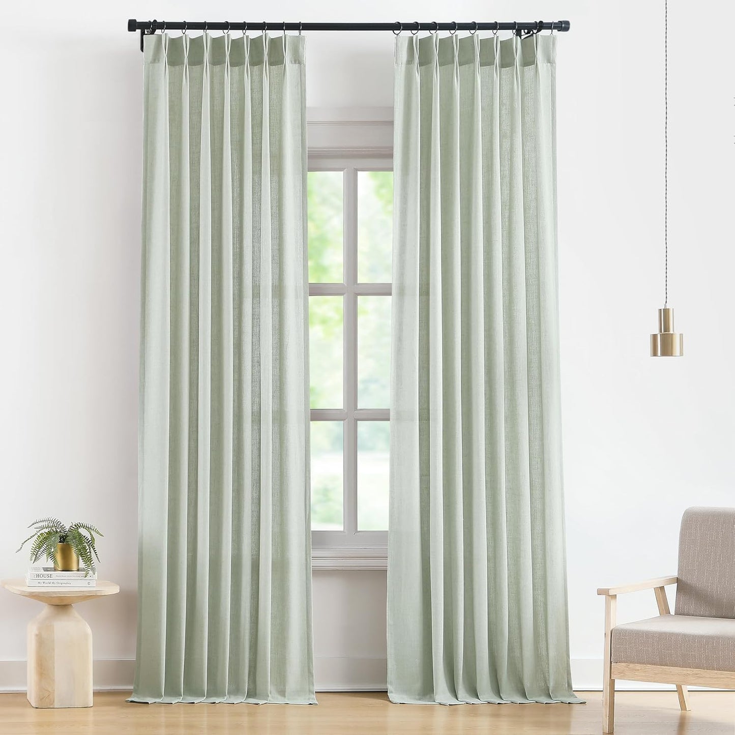 Vision Home Soft Green Pinch Pleated Semi Sheer Curtains Textured Linen Blended Light Filtering Window Curtains 120 inch for Living Room Bedroom Pinch Pleat Drapes with Hooks 10ft 2 Panels 40"Wx120"L