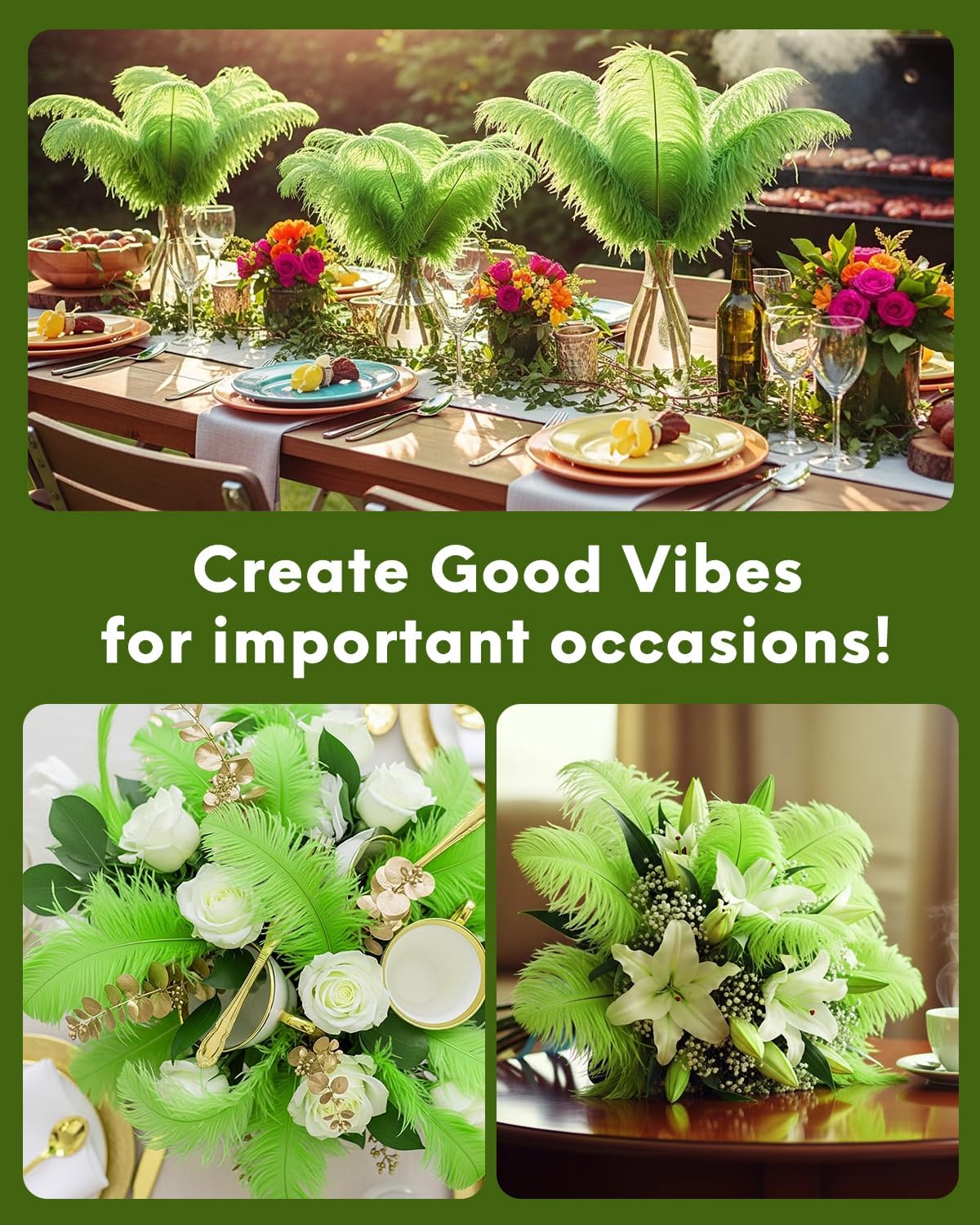 NEWONG 30pcs Fruit Green Ostrich Feathers Natural Bulk 8-10inch(20-25cm) Vase Craft Wedding Home Party Centerpieces Christmas Day Decoration