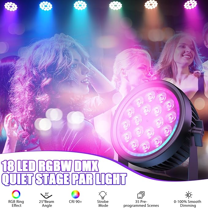 200W Aluminum Cast Fanless & Silent Stage Lights, 4 in 1 RGBW LED Par Lights with Dynamic Aperture, DMX512/Auto/Sound Activated Par Can Uplights for Events Wedding Bar Party Stage - 2Packs