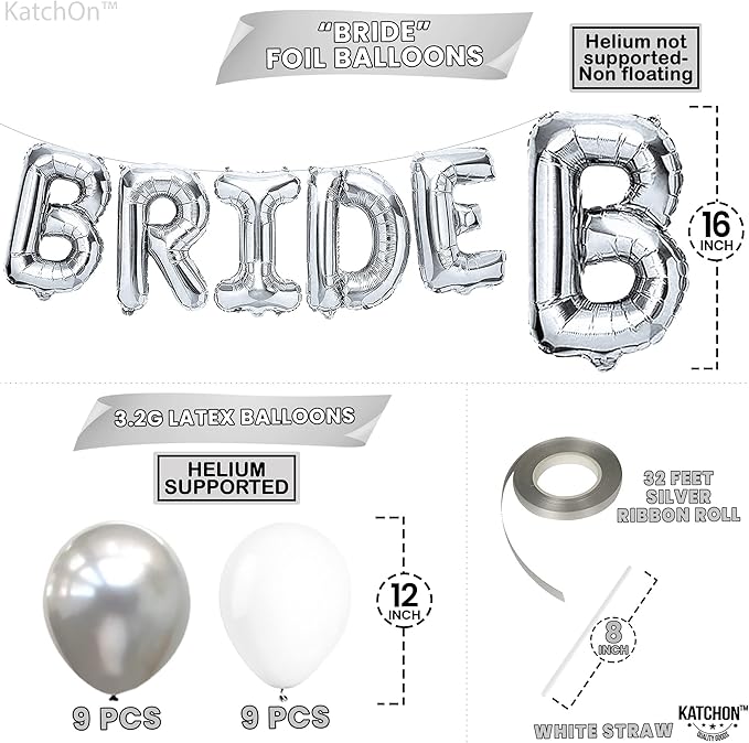 KatchOn, 27pcs Silver Bride Balloons Set - 16 Inch | Silver & White, for Bachelorette Party Decorations | Bridle Shower | Bride and Latex Balloons | bride Balloon Bachelorette