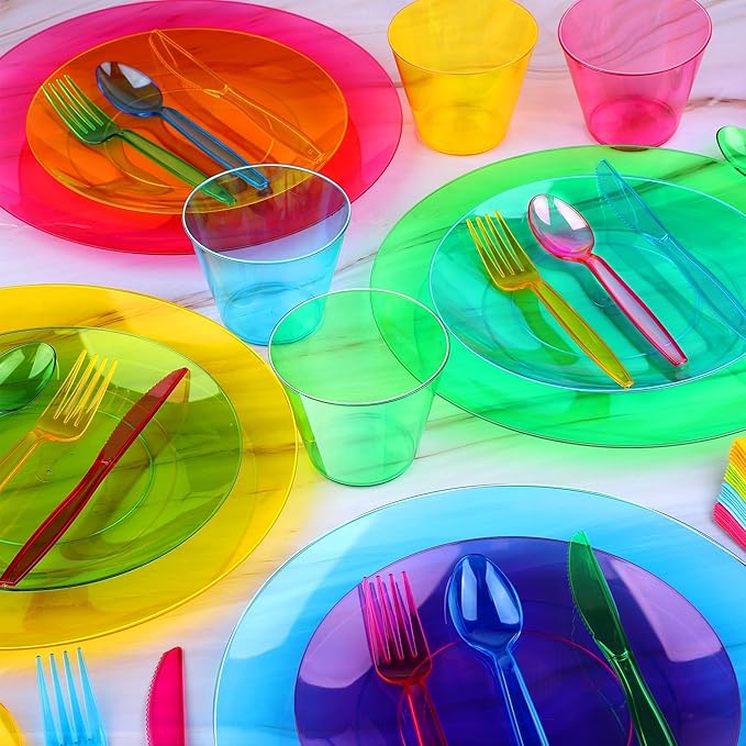 Kochorie 252 PCS Neon Party Supplies Serves 36 Including 7.5 & 10.25 In Disposable Plastic Neon Plates 9 Oz Cups Cutlery Napkins Tableware Set Dessert Cake Plates for Blacklight Party Birthday