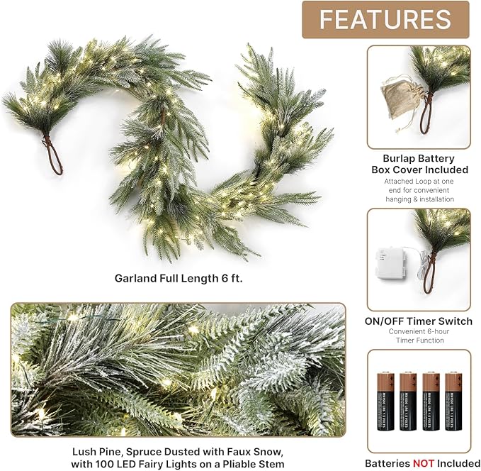 LampLust Garland with Lights Battery Operated, 6 Ft Frosted Garland with Pine Branches, 100 LED Lights with Timer, Spring Greenery for Mantle All Year Round, Dining Table Centerpiece Decor
