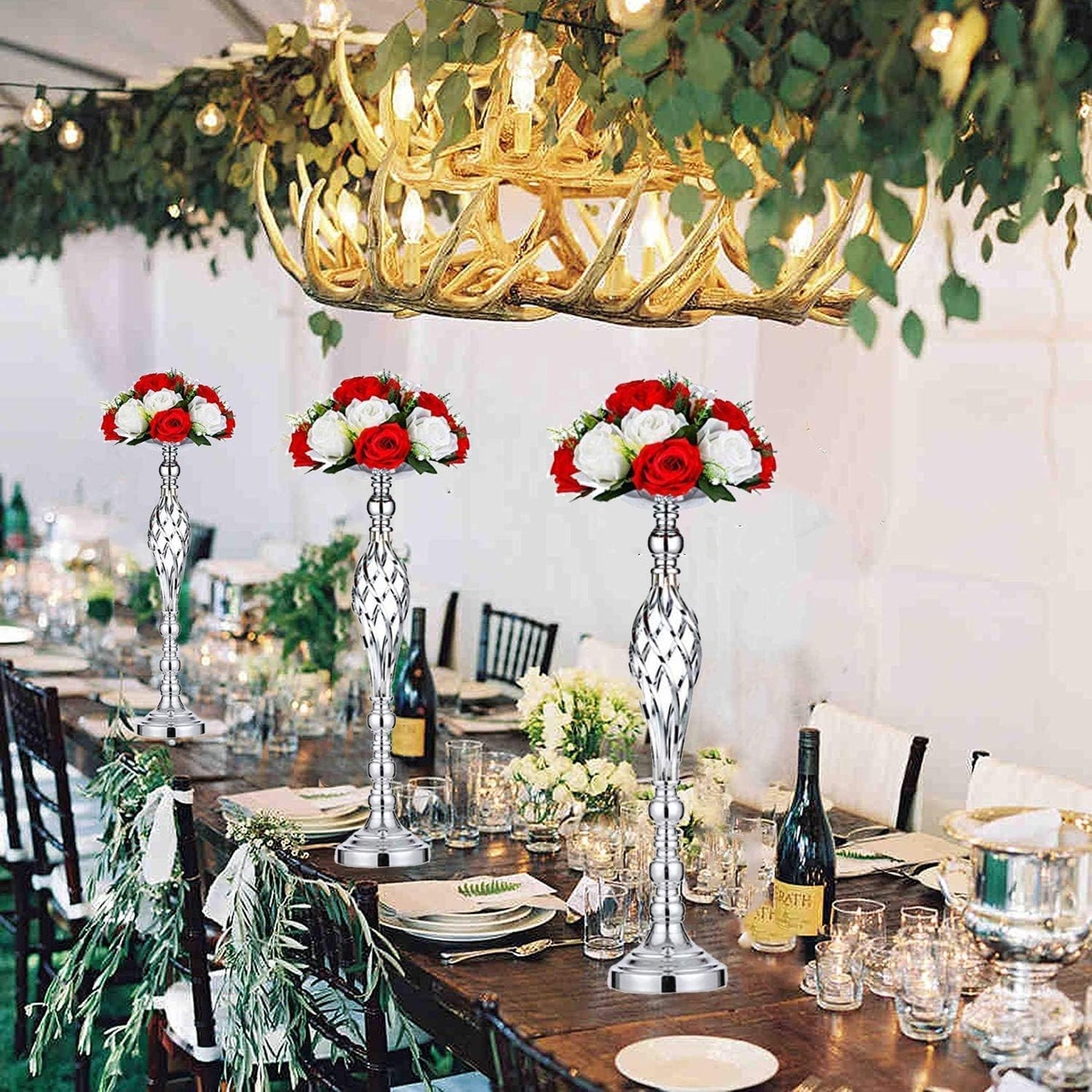 LANLONG 10pcs Metal Silver Candle Holders Road Lead Table Centerpiece Stand Pillar Candlestick for Wedding Candelabra Flowers Vases