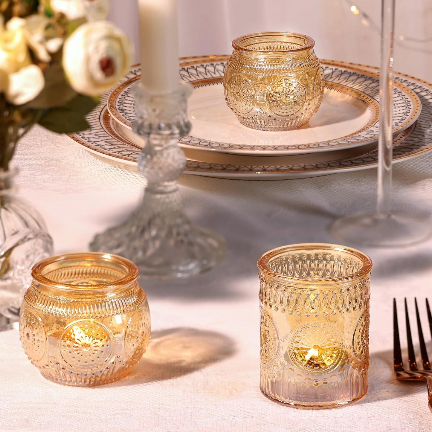 DARJEN 24Pcs Gold Votive Candle Holders - Glass Candle Holder Bulk for Table Centerpiece, Tea Lights Candle Holders for Home, Christmas Party & Wedding Shower