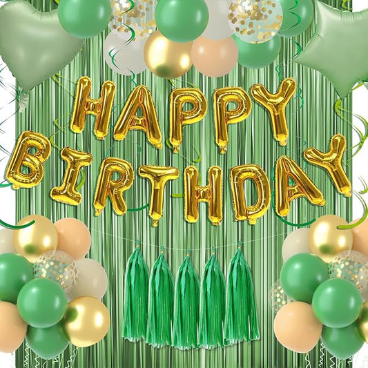 Sage Green Birthday Decorations with Sand White Green Balloons/Happy Birthday Balloon Banner/Fringe Backdrop/Tassels for Neutral Boho Birthdays Party Decoration Girls Women Boys