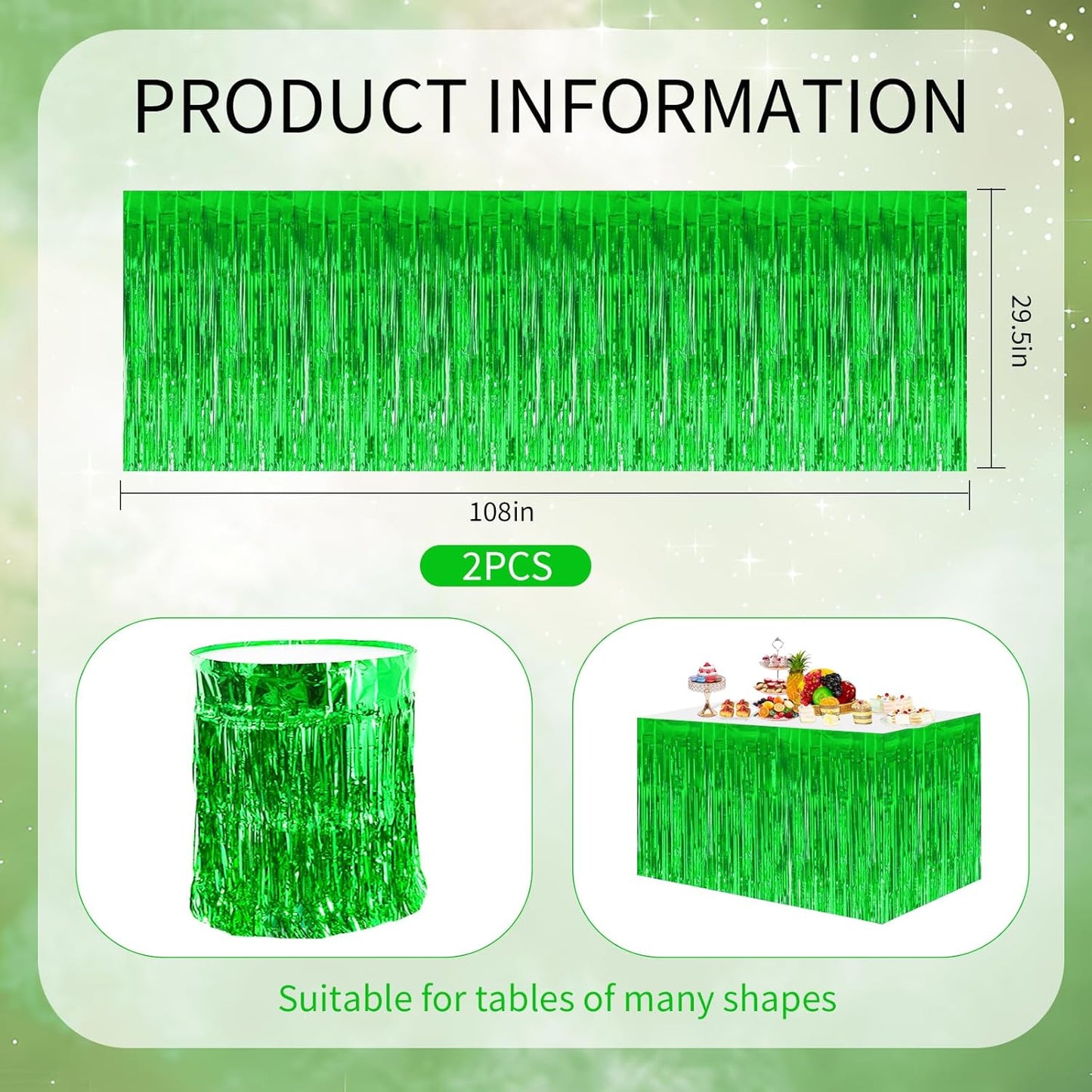 BEISHIDA 2 Pack Metallic Tinsel Foil Fringe Table Skirts for Rectangle & Round Tables Green Kids' Birthday, Holiday Party, Cartoon Party Decorations - Perfect for Birthday Baby Shower Festive Events