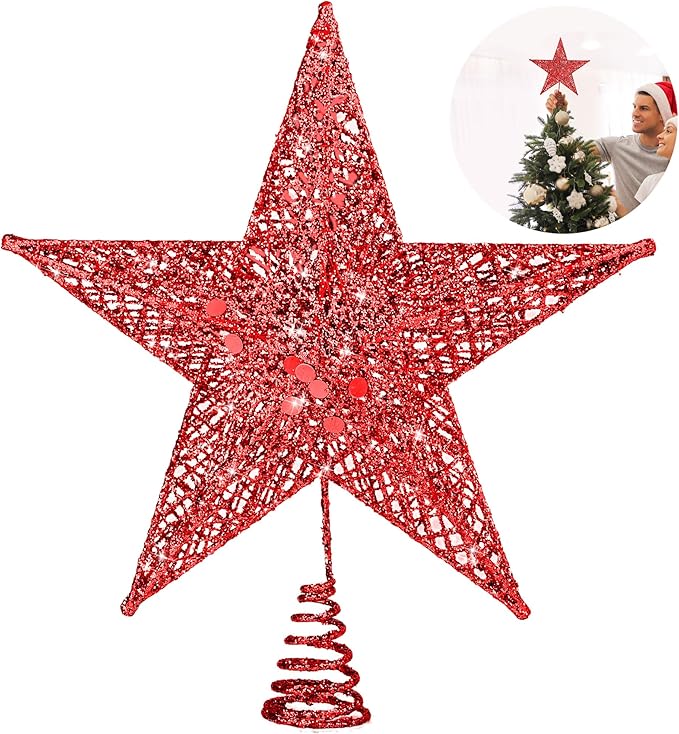 Fovths Christmas Tree Topper 8 Inches Metal Glittered Christmas Tree Topper Wire Star Treetop Sparkle Xmas Decoration for Christmas Tree Ornament Indoor New Year Holiday Party Supplies (Red)