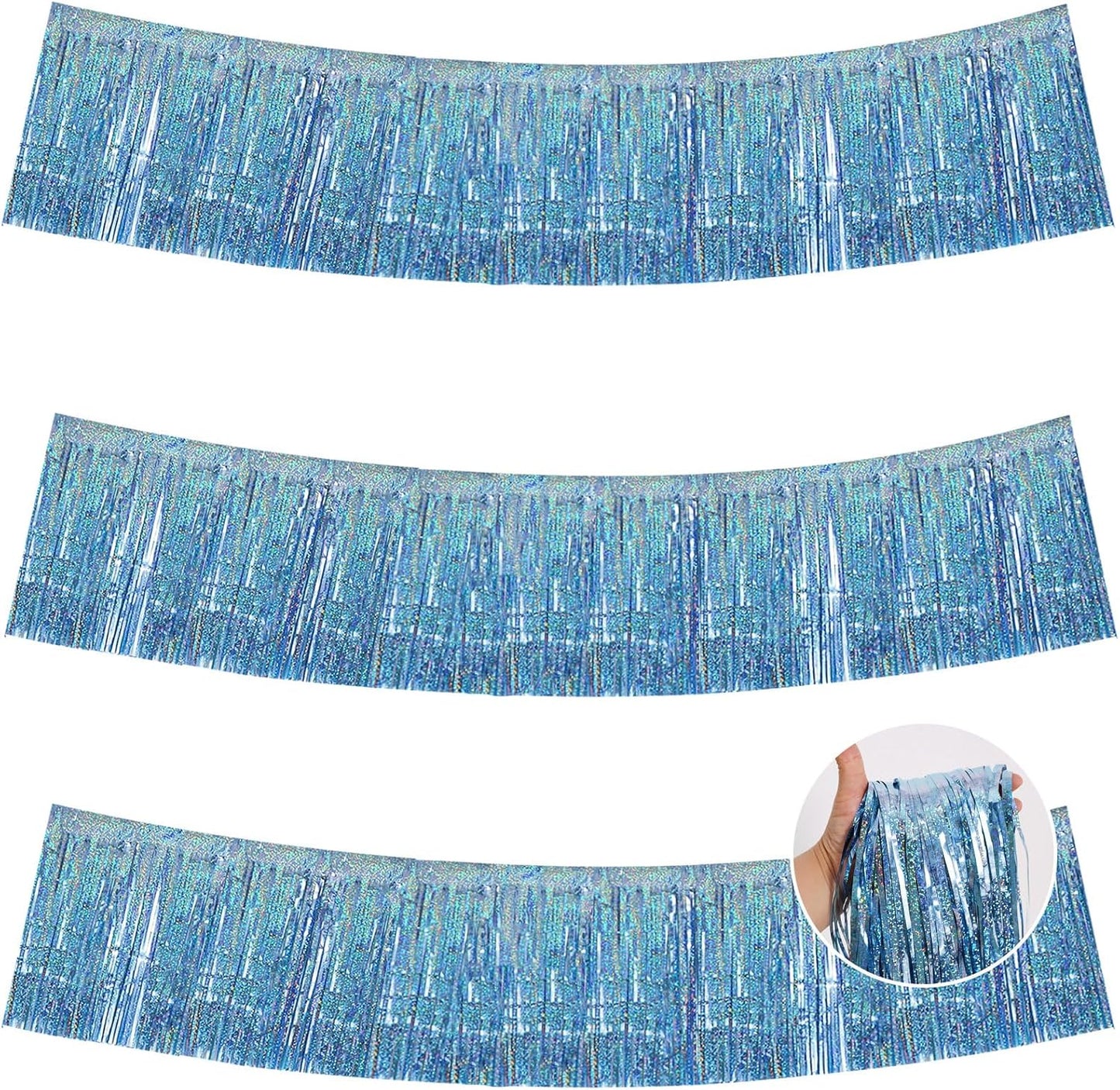 BEISHIDA 3 Packs Metallic Foil Fringe Garland Laser Light Blue Wall Hanging Tinsel Fringe Banners for Car Floats Bridal Shower Wedding Birthday Easter Graduation Holiday Party Decoration(30 Feet)
