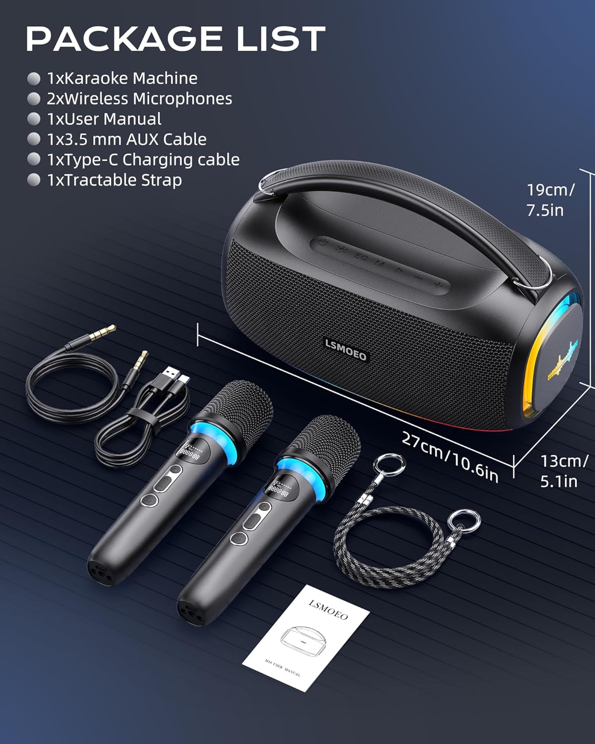 Karaoke Machine,IPX5 Waterproof Portable Bluetooth 5.3 Speaker with 2 Wireless Microphones for Adults & Kids,60W PA System Supports TWS/TF Card/USB/AUX/Live for Home Party-Black