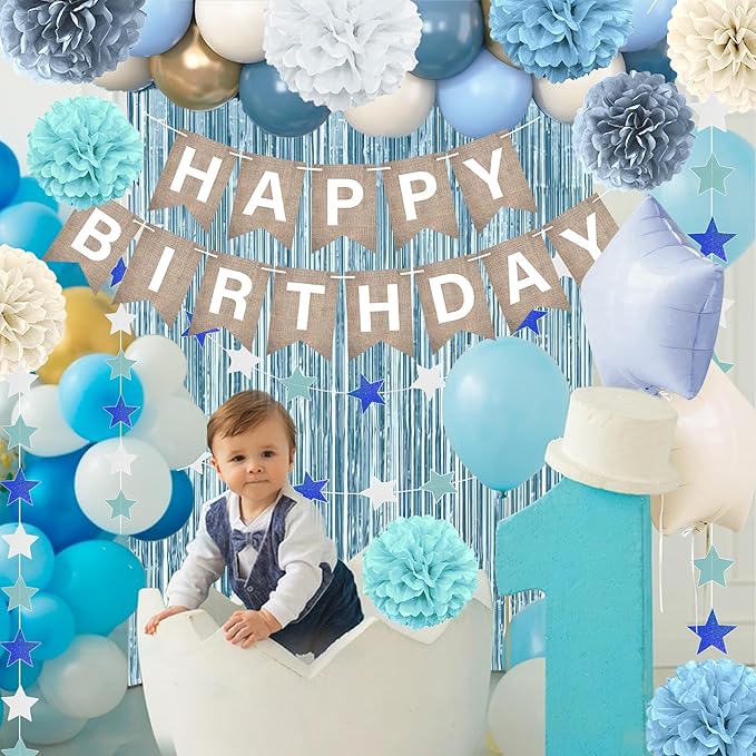 Light-Blue Birthday Decoration, Dusty Blue Sand White Confetti Foil Balloons Set With Happy Birthday Banner Fringe Curtains, Pom Poms, Blue Party Décor for Boys Girls Women Men
