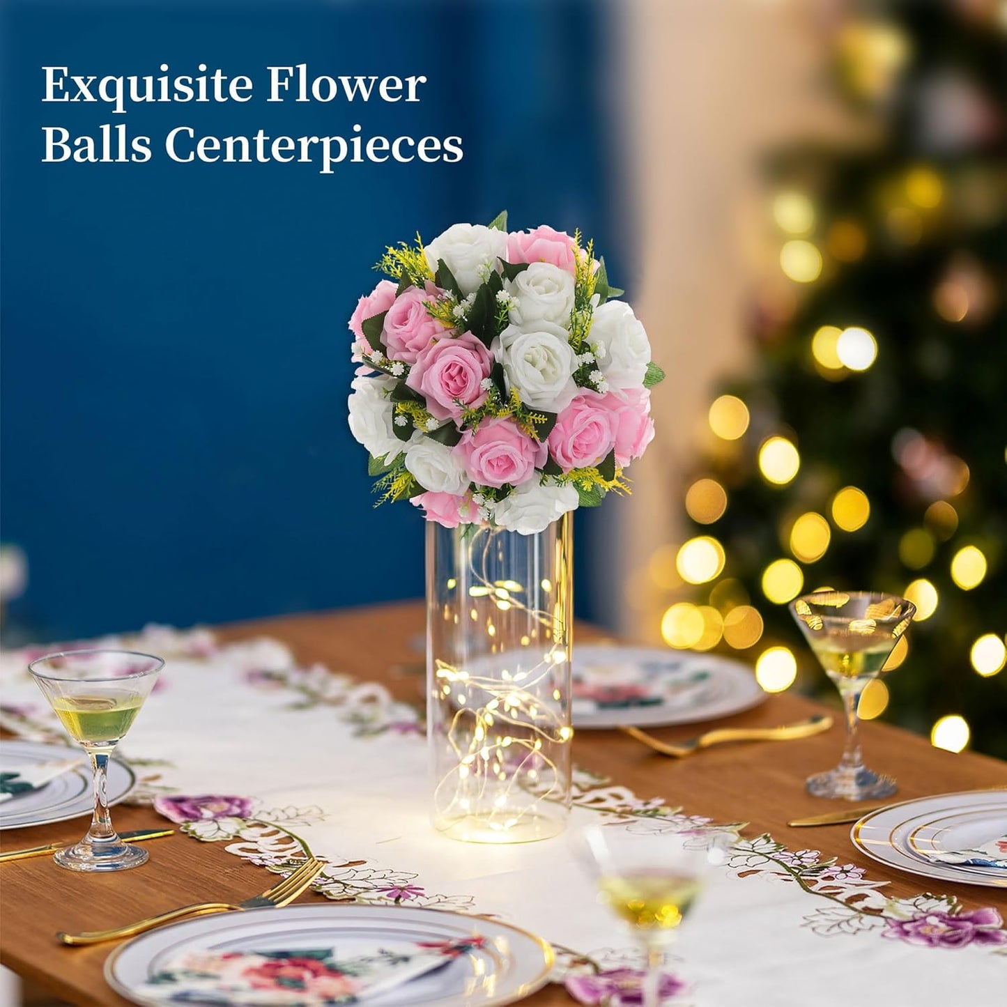 BLOSMON Flower Balls Rose Centerpieces: 6 Pcs 9.5 Inch Pink Fake Flowers Kissing Balls Decor Artificial Wedding Floral Arrangements Silk Flower Bouquet with Base Home Party Room Table DIY Decorations