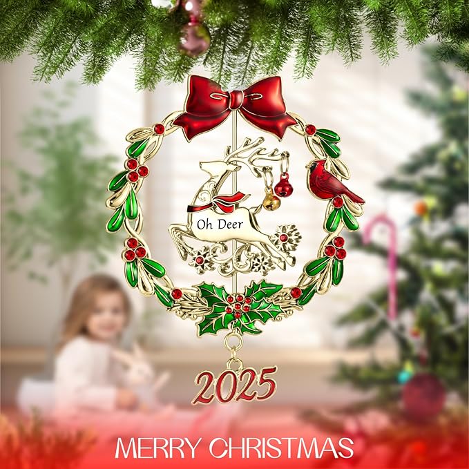 Christmas Tree Ornament Metal Silver Hanging Rotatable Design Charm Holiday Decorative Pendant Gift Keepsake (2025 Deer & Golden)