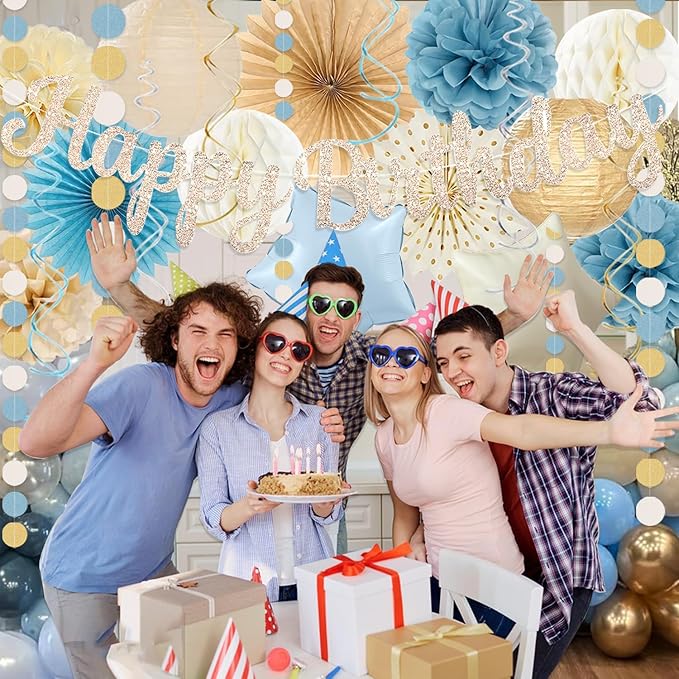 Dusty Blue Beige Champagne Women Birthday Decorations, Boho Neutral Boys Girls Blue Party Décor With Fog Cream Gold Balloons,Happy Banner Garland,Paper Lanterns, Honeycomb Tissue Pom Poms For Adults