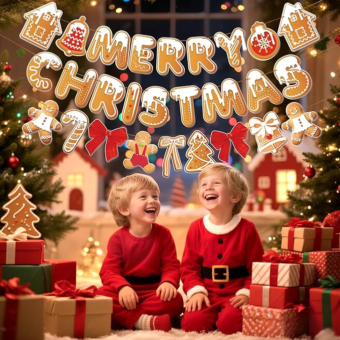 Merry Christmas Banner Gingerbread Christmas Hanging Decoration 3PCS Gingerbread Theme Garland Banner for Holiday Home Office Fireplace Wall Decor Outdoor Indoor Xmas Party Banner