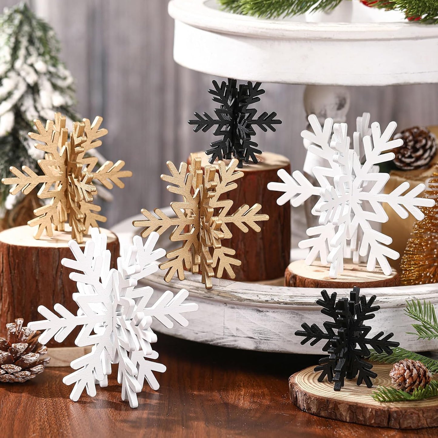 Bucherry 12 Pcs Wooden Snowflake Table Decor 3D Snowflake Tabletop Signs and Centerpiece for Christmas Xmas Winter Wonderland Decorations Home Party(White, Gold, Black)