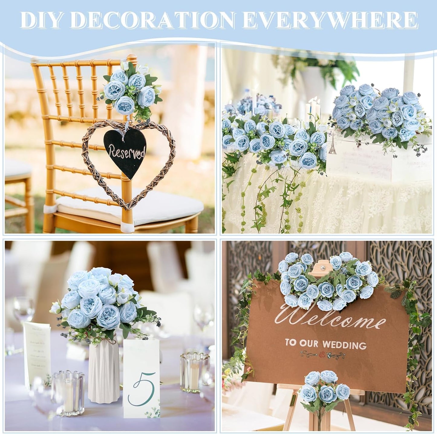 8 Bundles Artificial Peonies Flowers Boho Faux Flowers Arrangements Artificial Centerpiece Spring Bouquet Floral Wedding Decoration for Vase(Blue)