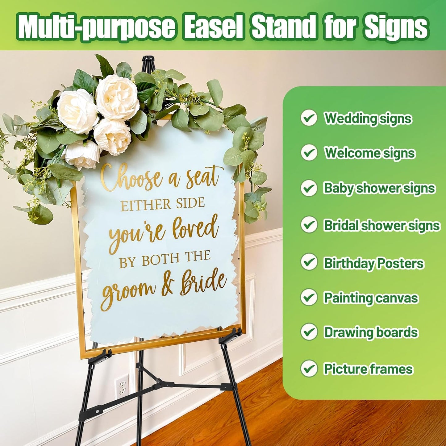 Easel Stand for Sign - 63" Display Easel for Wedding Sign Stand Poster Stand, Lightweight Adjustable Poster Easel for Painting, Portable Easel Stand with Carrying Bag, Black 1Pcs