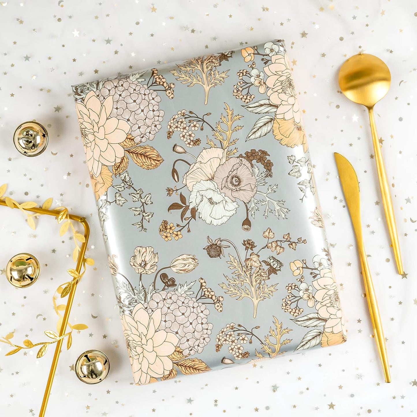 WRAPAHOLIC 30 Inch Jumbo Floral Wrapping Paper - 30 Inch X 33 Feet - Pearlized Silver Vintage Floral Wedding Wrapping Paper for Birthday, Bridal Shower, Baby Shower