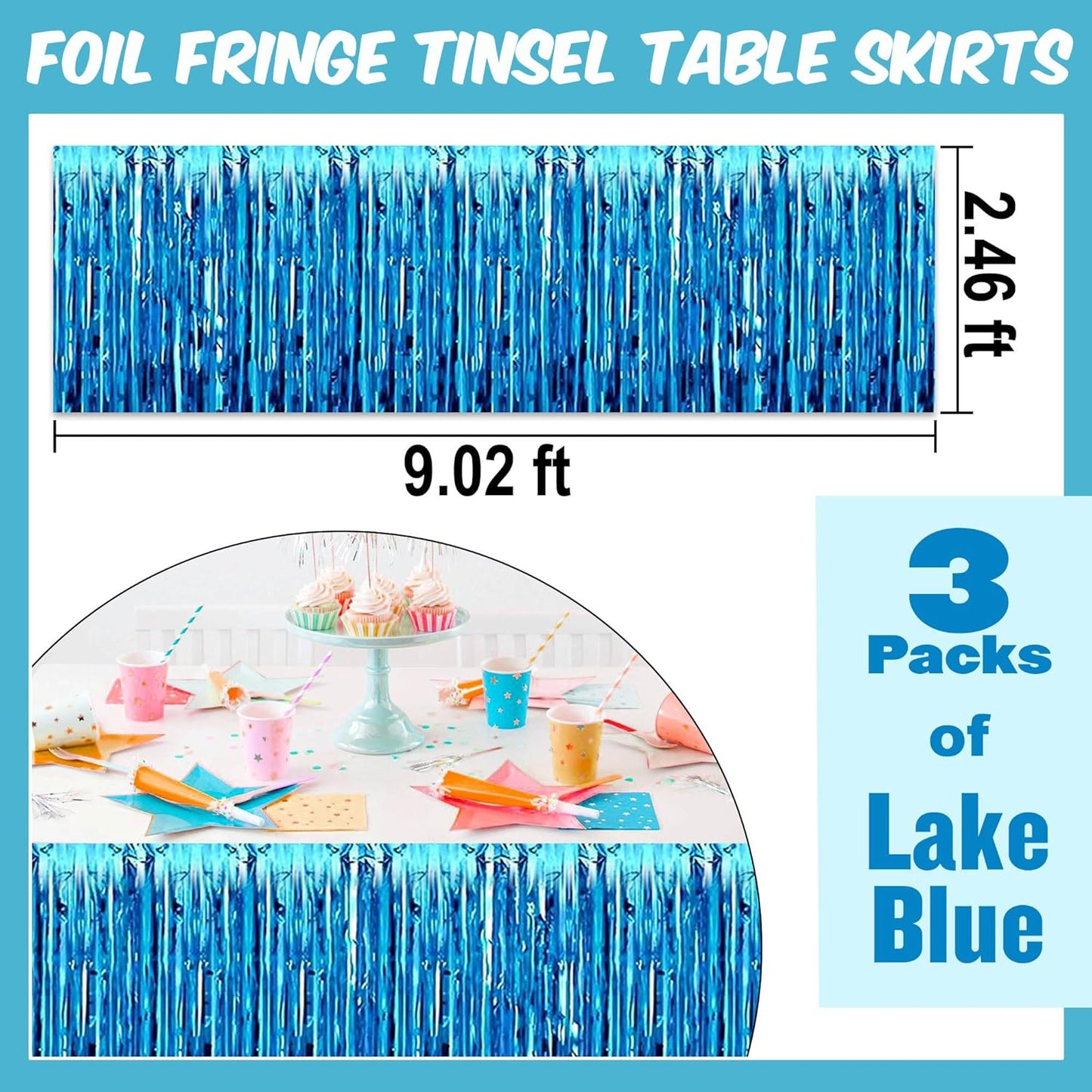 3 Pack 29 x108 Inch Lake Blue Foil Fringe Table Skirts Metallic Banner for Tinsel Streamer Garland Backdrop for Parade Floats Mother's Day, Graduate, Birthday, Wedding Party Decoration